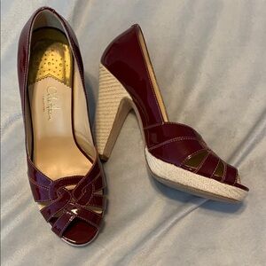 Cole Haan Red Patent Leather Peep Toe burlap fabric heel criss cross Nike  9.5